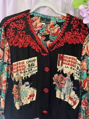 Vintage Carole Little Black Moulin Rouge Print Blouse with Red Trim